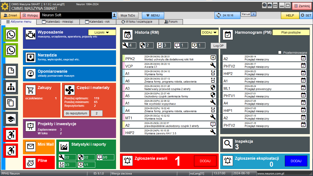 program cmms maszyna smart - aktywne menu